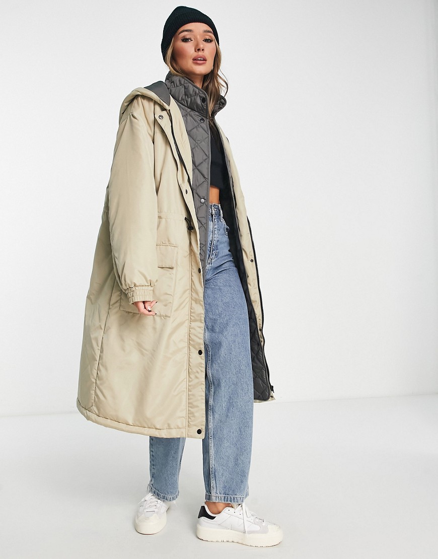 ASOS DESIGN quilted hybrid parka coat in stone-Neutral