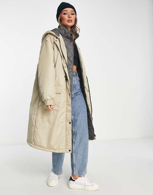 ASOS DESIGN quilted hybrid parka coat in stone