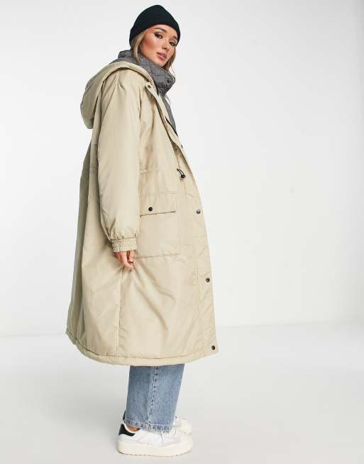 ASOS DESIGN quilted hybrid parka coat in stone