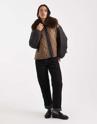 Asos Design Quilted Hybrid Teddy Collarless Jacket With Pink Lining In Blue