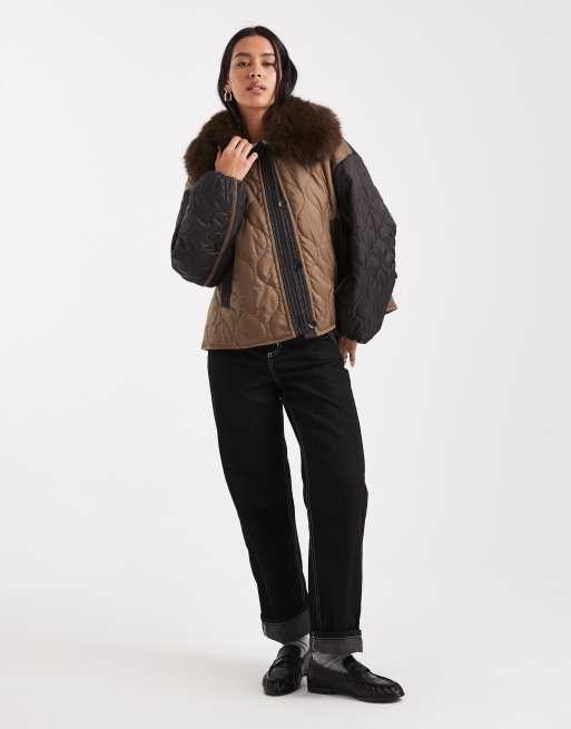 ASOS DESIGN quilted hybrid teddy collarless jacket with pink lining in mocha