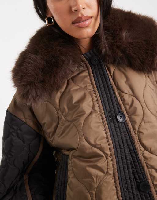 ASOS DESIGN quilted hybrid teddy collarless jacket with pink lining in mocha