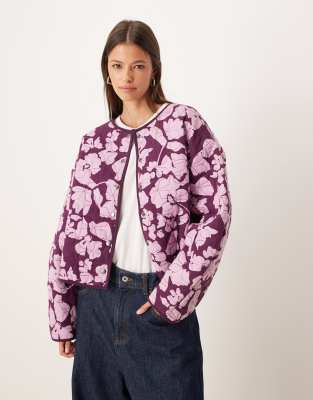 Asos Design Quilted Jacket With All Over Floral Print In Purple