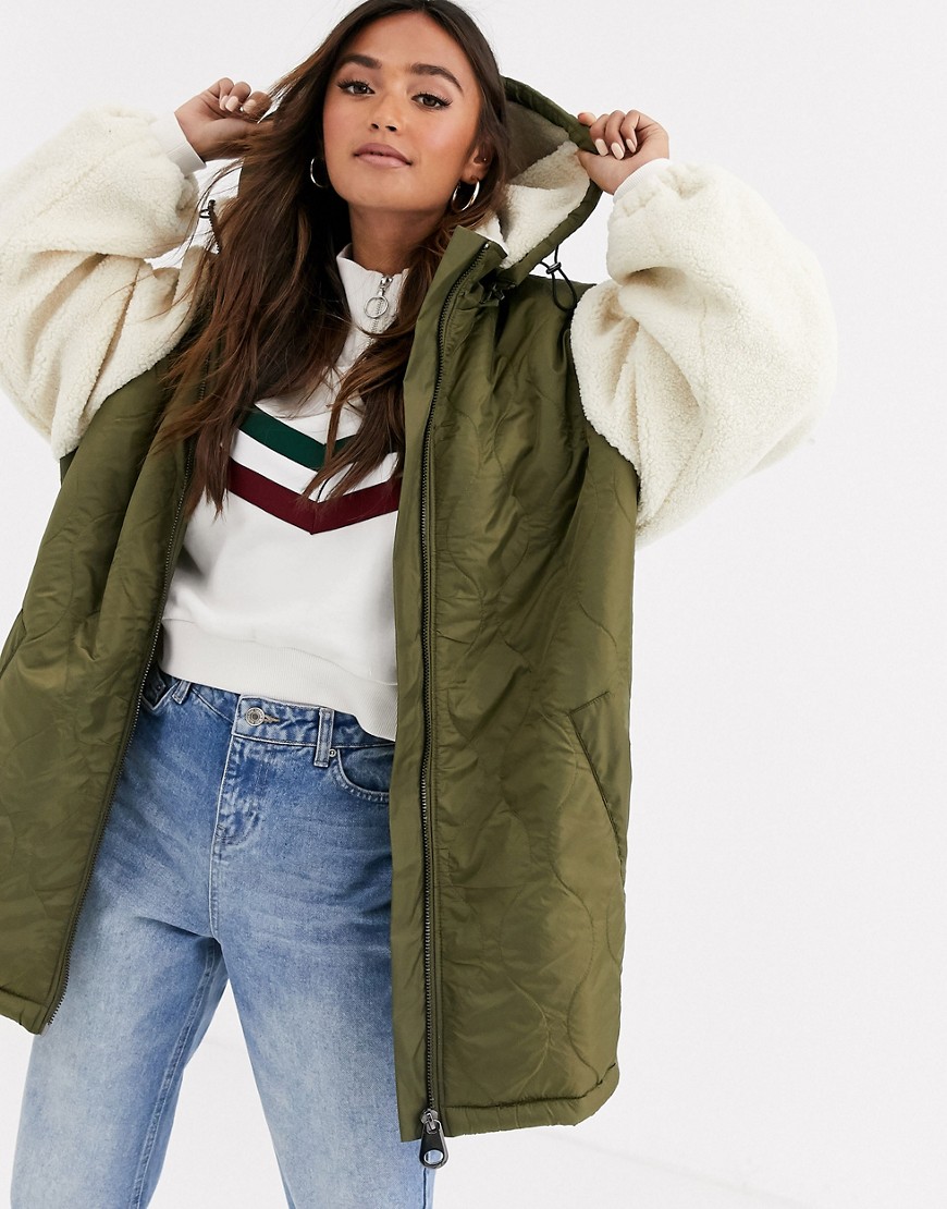 ASOS DESIGN quilted jacket with borg sleeves-Green
