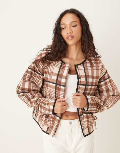 ASOS DESIGN quilted jacket with bow pocket detail in pink and neutral check