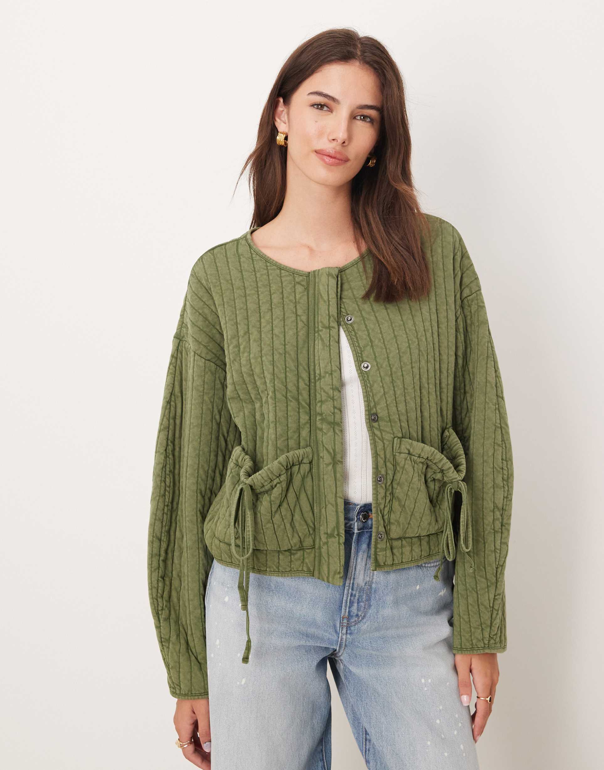 asos design quilted jacket with bow pocket detail in washed khaki green