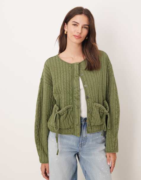 ASOS DESIGN quilted jacket with bow pocket detail in washed khaki