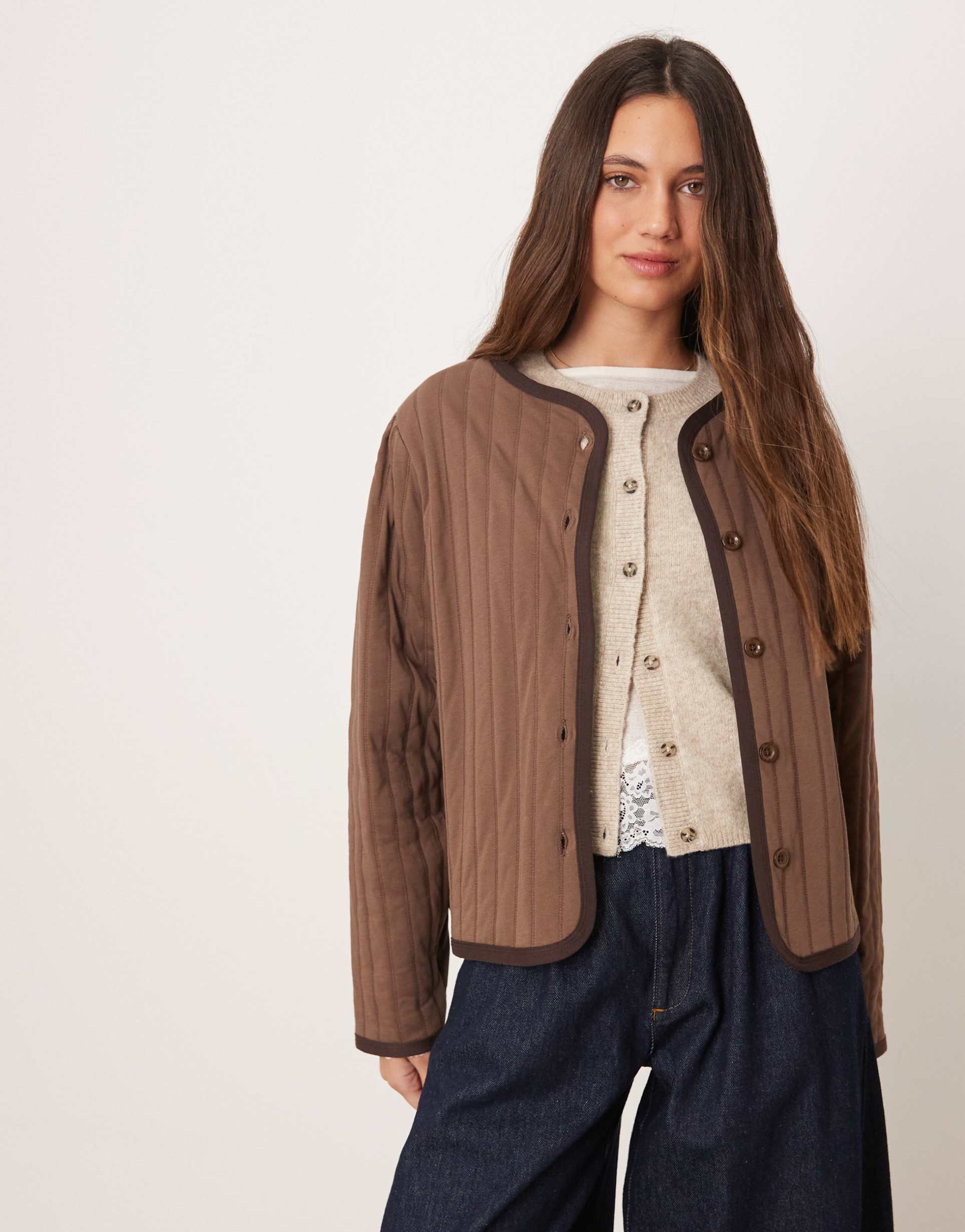 asos design quilted jacket with contrast piping detail in chocolate