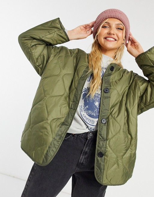 ASOS DESIGN quilted jacket with fleece lining in khaki
