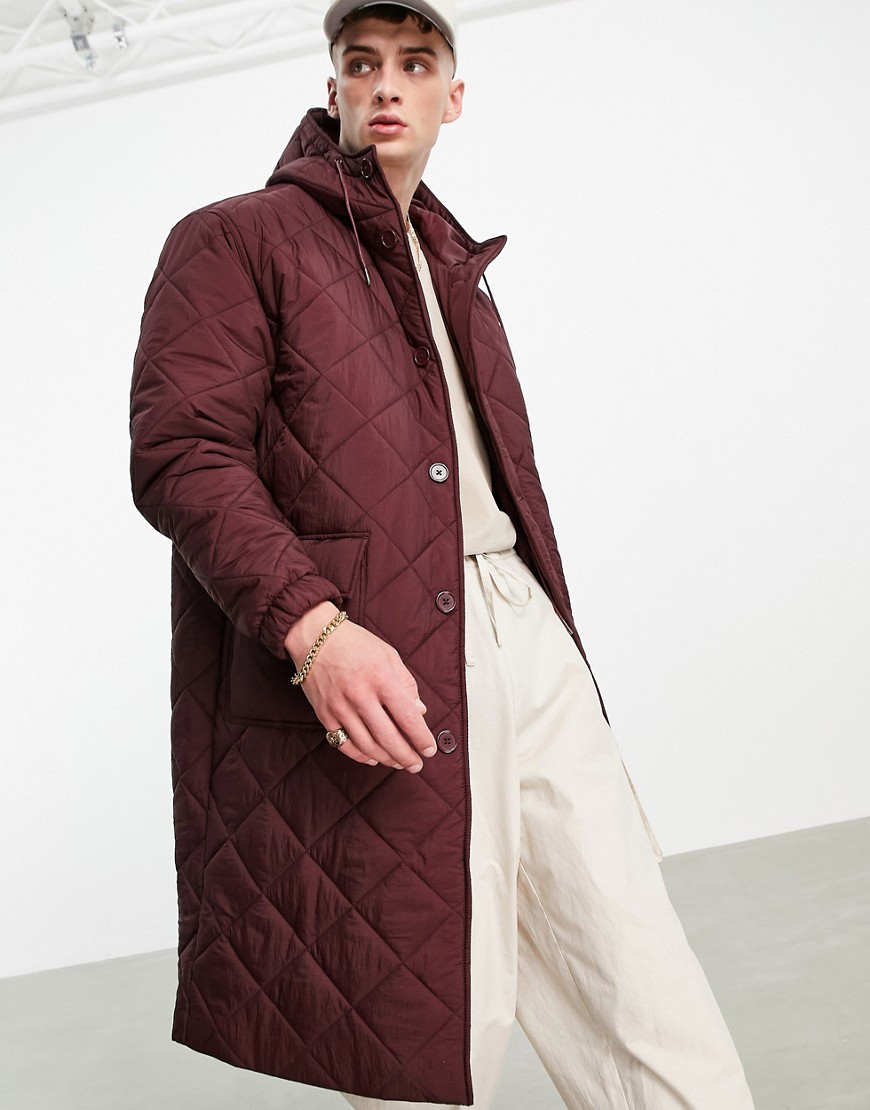 ASOS DESIGN quilted jacket with hood in burgundy-Red