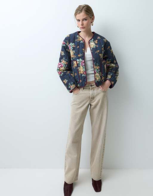 ASOS DESIGN quilted jacquard jacket in navy floral, 2 of 5