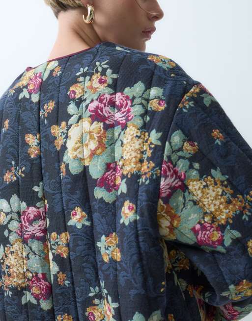 ASOS DESIGN quilted jacquard jacket in navy floral, 3 of 5