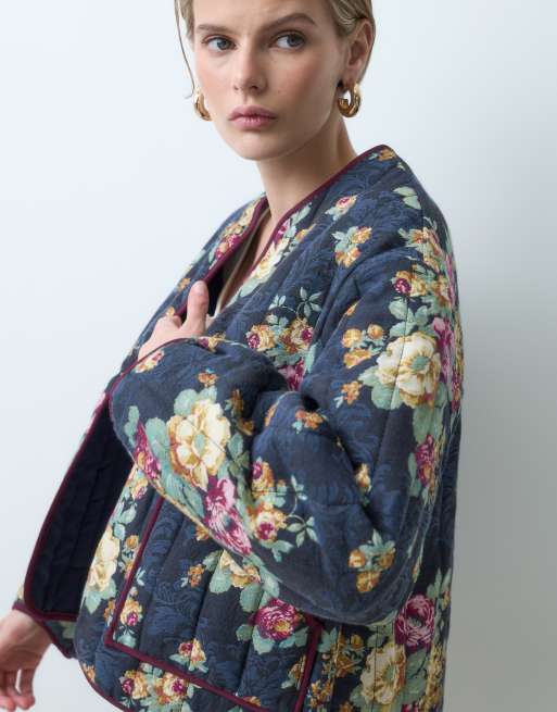 ASOS DESIGN quilted jacquard jacket in navy floral, 4 of 5