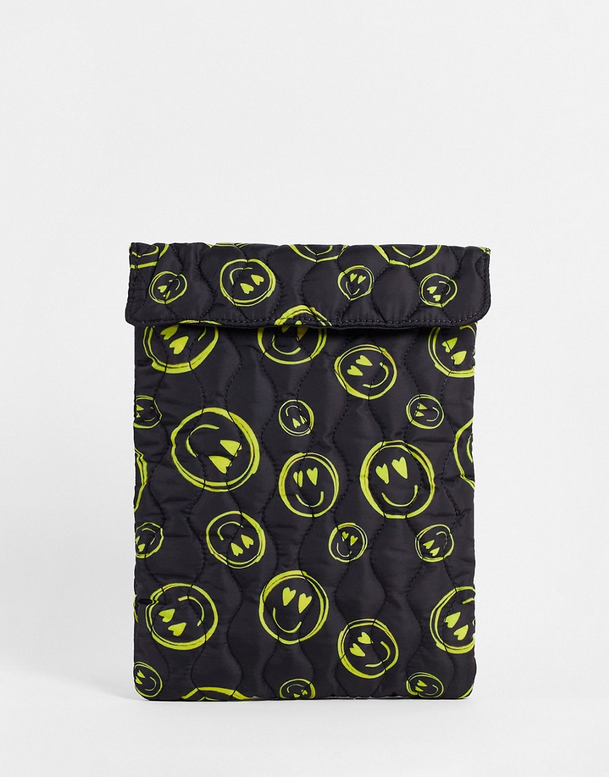ASOS DESIGN quilted laptop sleeve in happy face print-Multi