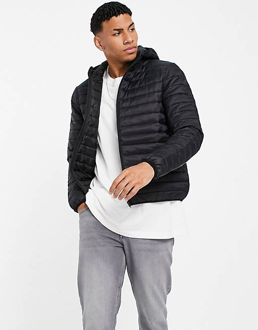 ASOS DESIGN quilted liner jacket with hood in black