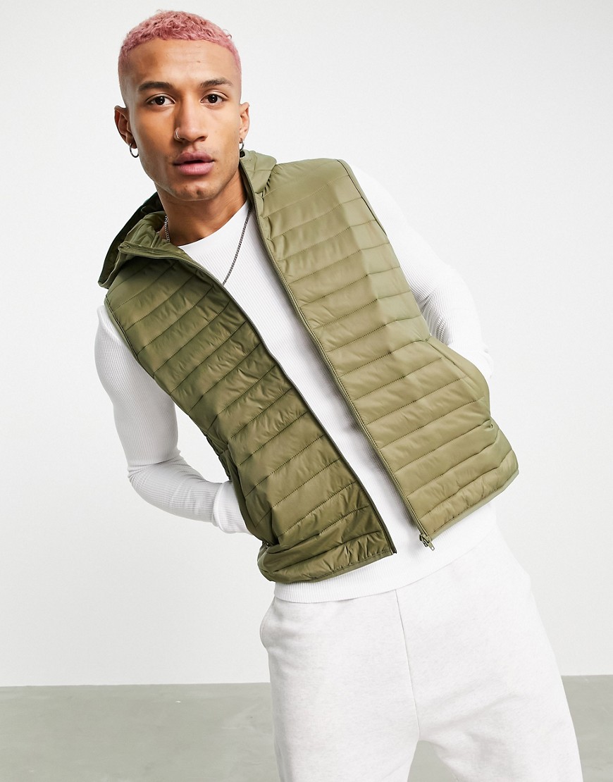 ASOS DESIGN quilted liner vest with hood in khaki-Green