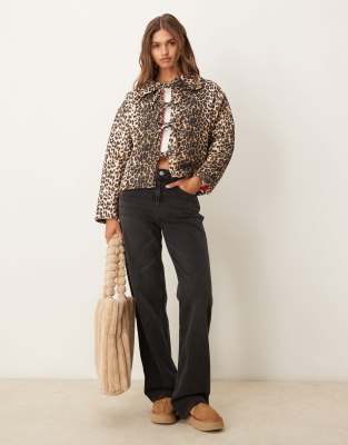 quilted long sleeve jacket in leopard with gingham-Multi