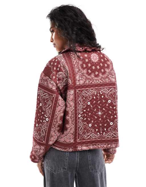 ASOS DESIGN quilted long sleeve jacket with collar in bandana print in burgundy, 2 of 4