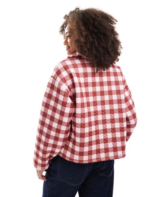 ASOS DESIGN quilted long sleeve jacket with collar in burgundy and pink gingham