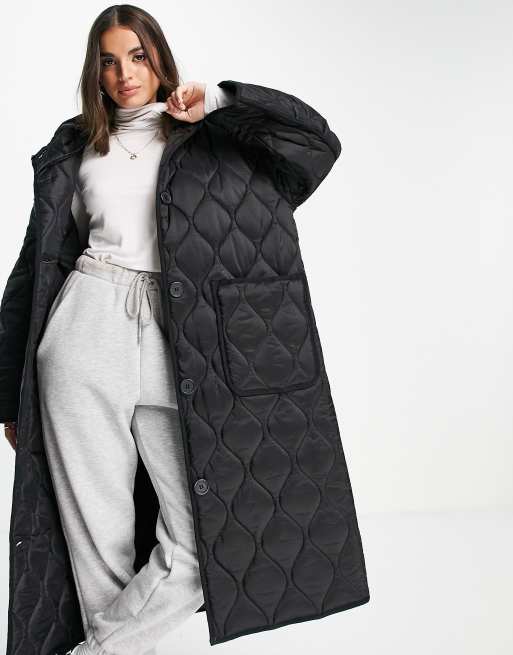 ASOS DESIGN longline puffer jacket in black monogram print