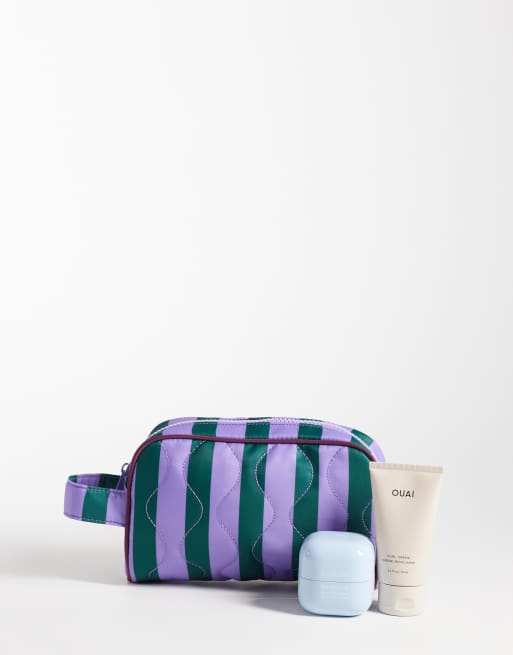 ASOS DESIGN quilted mid size wash bag in green and purple stripe, 2 of 4