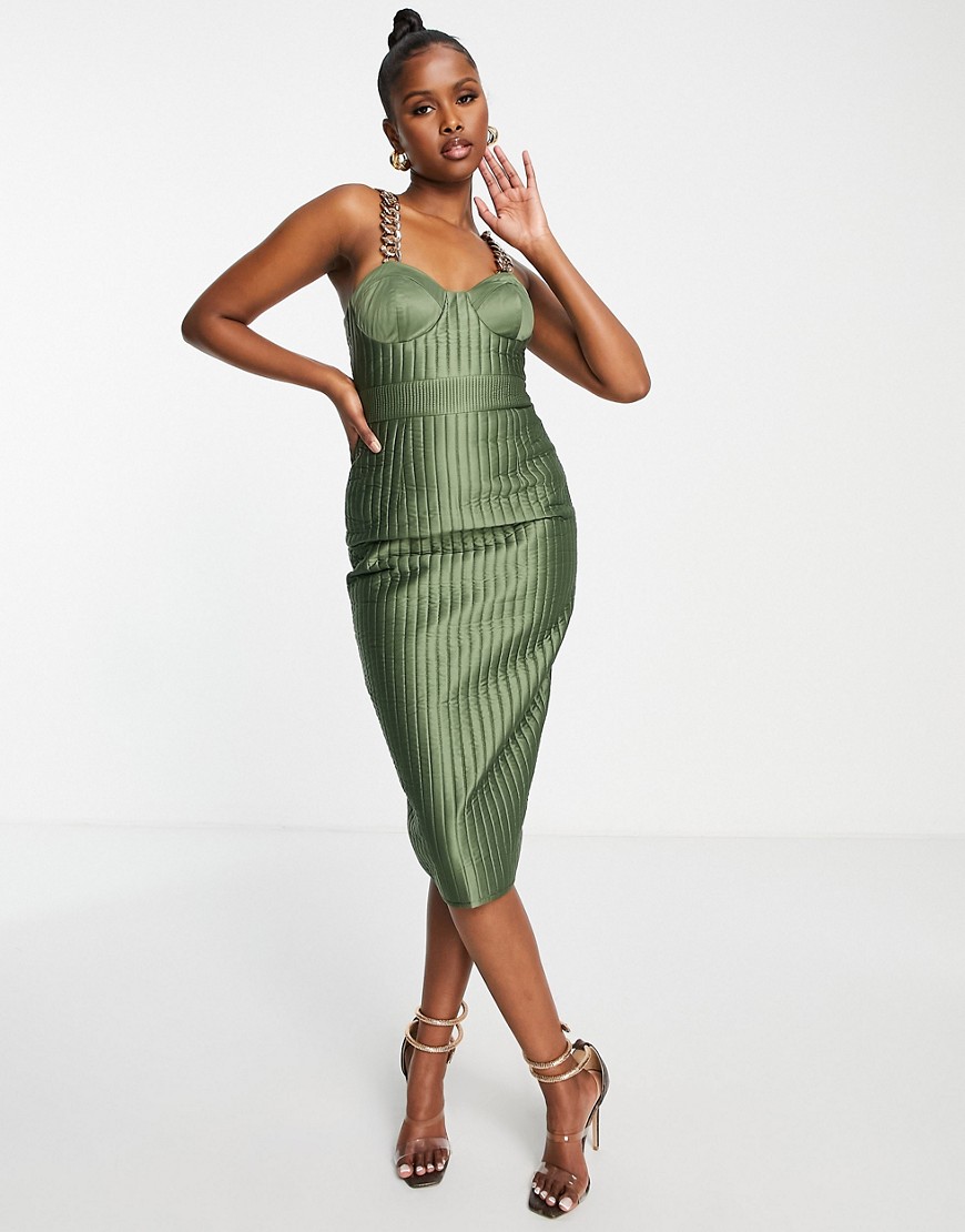 ASOS DESIGN quilted midi dress with gold chain detail in khaki-Green