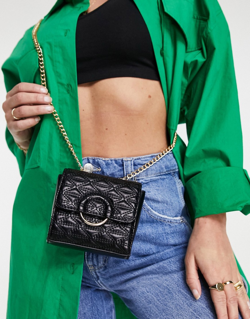 ASOS DESIGN quilted mini cross body bag with ring fixture in black