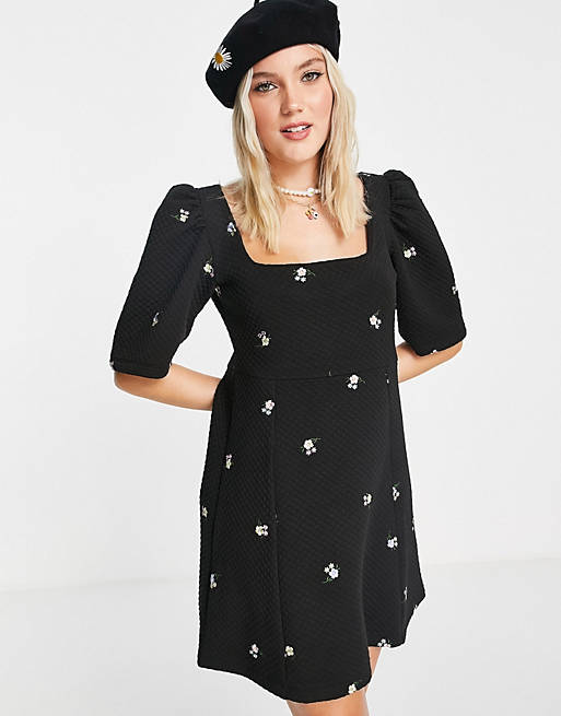  quilted mini dress with flower embroidery in black 