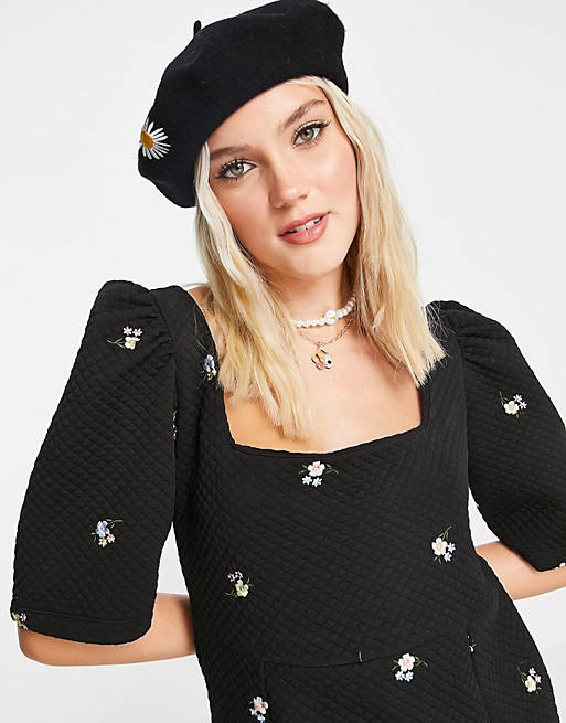  quilted mini dress with flower embroidery in black 