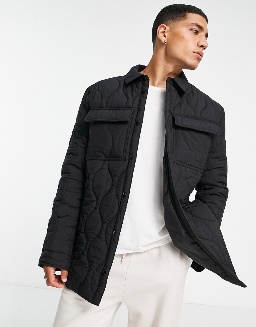 ASOS DESIGN quilted overshirt with stitch detail in black
