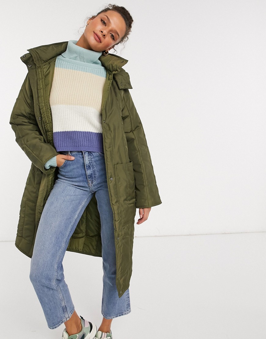 ASOS DESIGN quilted parka with contrast stitching in khaki-Green