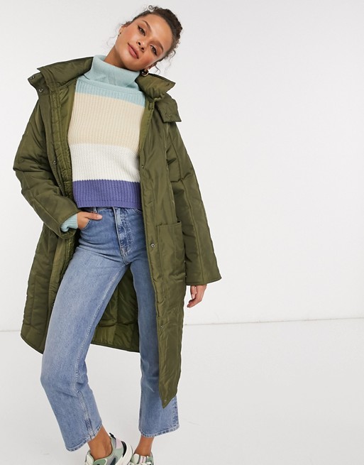 ASOS DESIGN quilted parka with contrast stitching in khaki