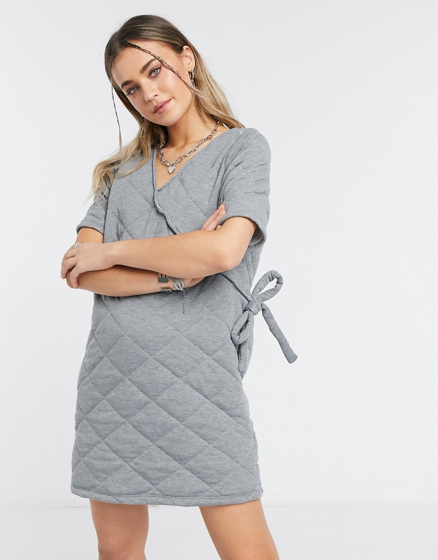 Asos Design Babies' Quilted Puff Sleeve Wrap Mini Dress In Gray-grey