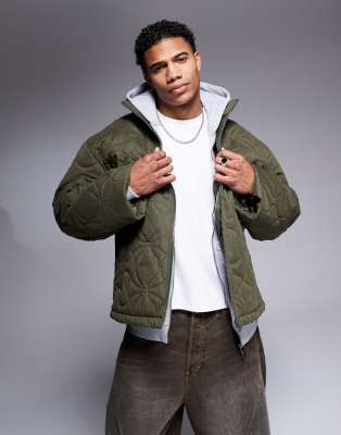 ASOS DESIGN quilted puffer jacket in khaki-Green φωτογραφία