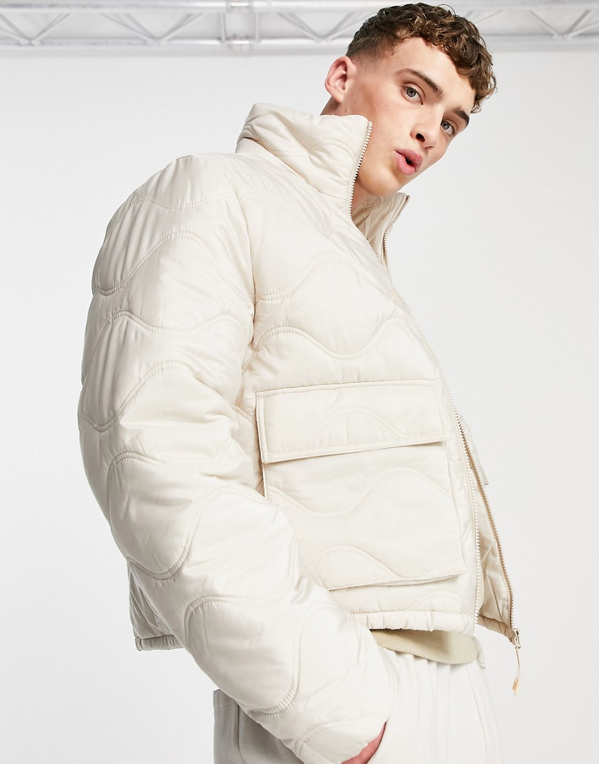 ASOS DESIGN quilted puffer jacket with funnel neck in ecru-White