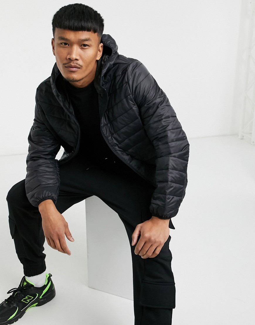 ASOS DESIGN quilted puffer liner jacket with hood in black