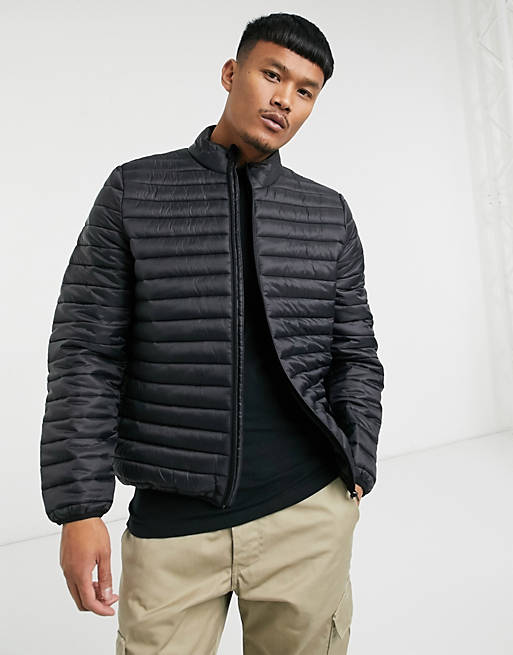 ASOS DESIGN quilted puffer liner jacket with stand collar in black