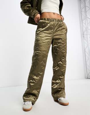 Asos Design Quilted Pull On Pants In Khaki - Part Of A Set-green