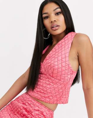 ASOS DESIGN quilted satin bustier top co-ord-Pink