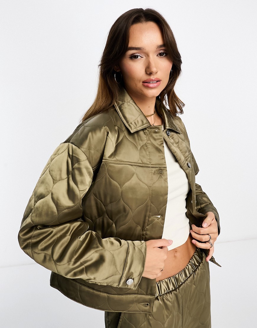 ASOS DESIGN quilted shacket in khaki co-ord-Green