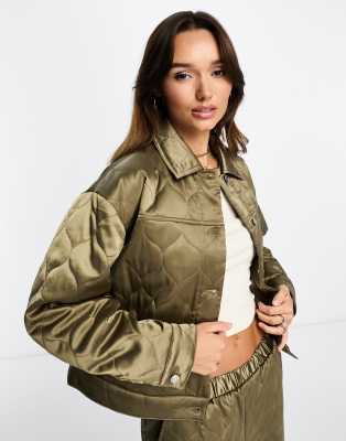 Asos Design Quilted Shacket In Khaki - Part Of A Set-green