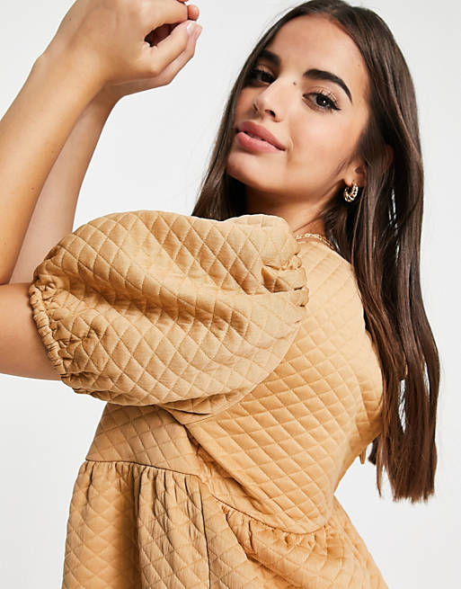 Women quilted short puff sleeve smock playsuit in camel 