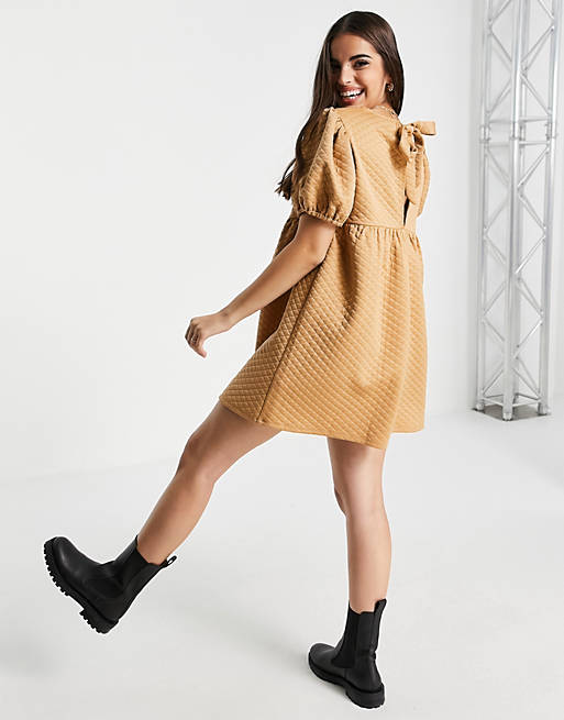 Women quilted short puff sleeve smock playsuit in camel 