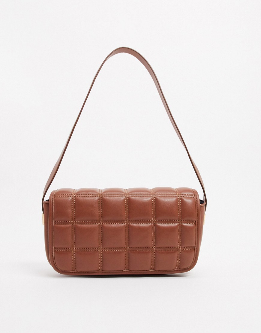 Asos Design Quilted Shoulder Bag With Hardware In Brown