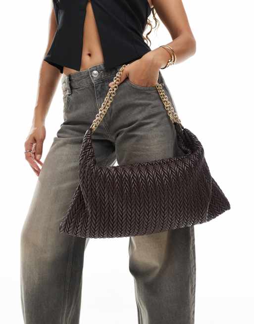ASOS DESIGN quilted slouchy shoulder bag with chain handle in brown