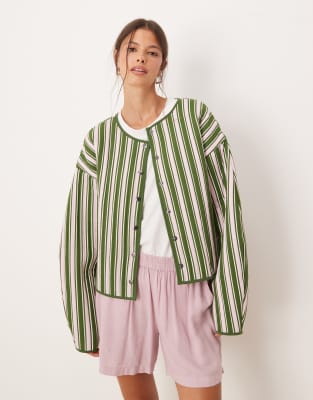 Asos Design Quilted Stripe Jacket With Embroidery Detail In Multi