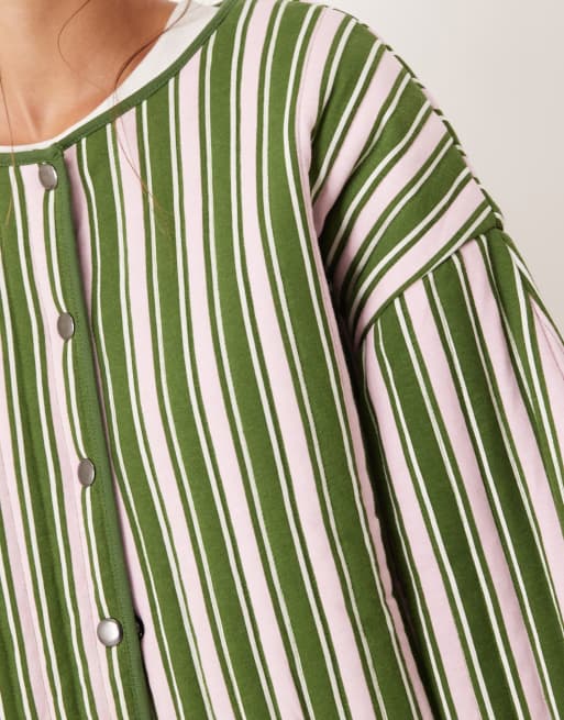 ASOS DESIGN quilted stripe jacket with embroidery detail in pink and green, 3 of 4