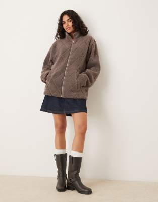 Asos Design Quilted Teddy Full Zip Up Fleece In Brown