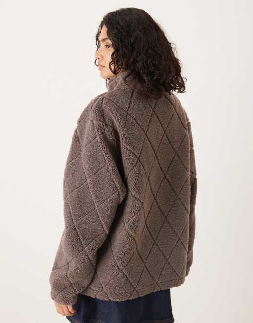 ASOS DESIGN quilted teddy full zip up fleece in light brown, 3 of 4