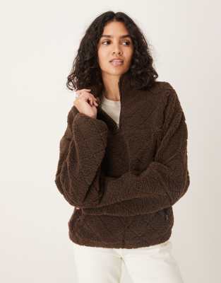 Asos Design Quilted Teddy Half Zip Up Fleece In Brown